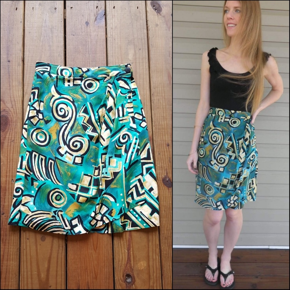 Vintage 80's M green tropical sarong skirt shorts